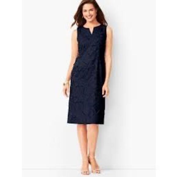 Talbots 12 Sleeveless Sheath Dress Navy Blue Floral Lace Applique Wedding Guest - Picture 1 of 9